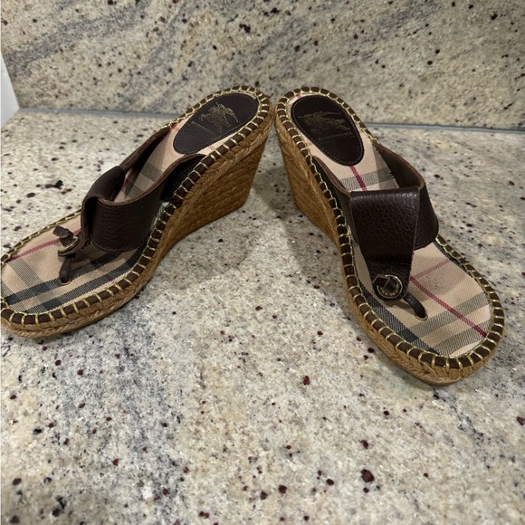 Burberry Espadrilles Heels Womens 37 US 7 Brown Leather Nova Check Designer - Picture 1 of 7